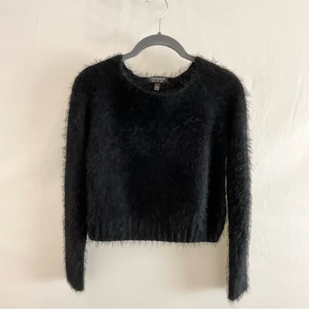Topshop Black Eyelash Knit Cropped Sweater | Fuzzy Soft Crew Neck Size 2